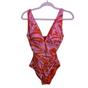 Ellen Tracy NWOT Pink Orange Pattern Touched V Neck One Piece Swimsuit Size 6